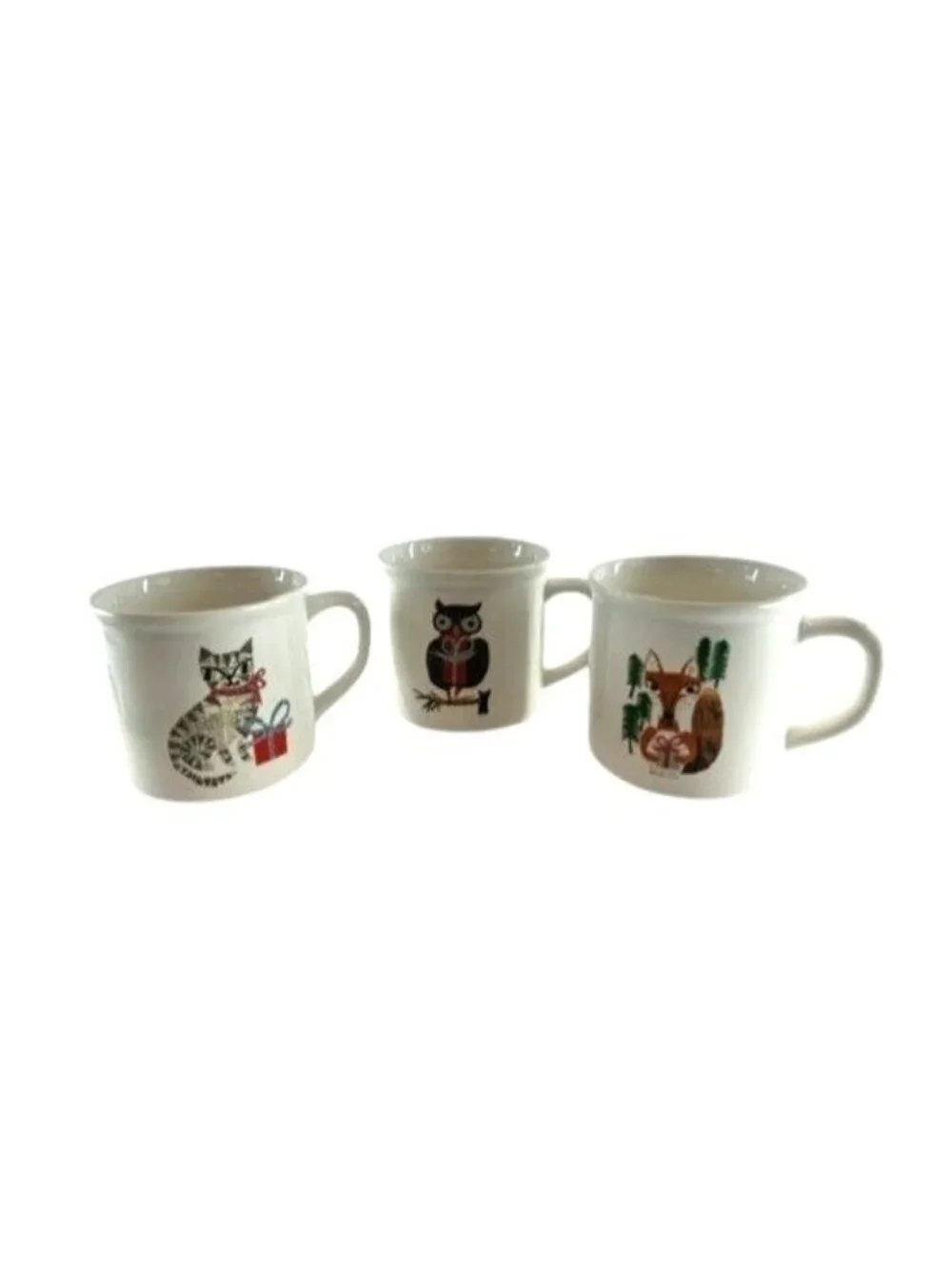 3 POTTERY BARN DENISE FIEDLER WHIMSICAL CAT,FOX & OWL MUGS -A FUN TASTE OF NATUR